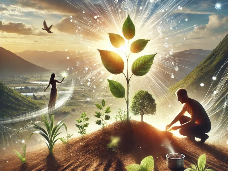 DALL·E 2024-10-25 13.55.59 - Create a visually inspiring image symbolizing the interaction with nature and growth, with elements such as a person working with soil